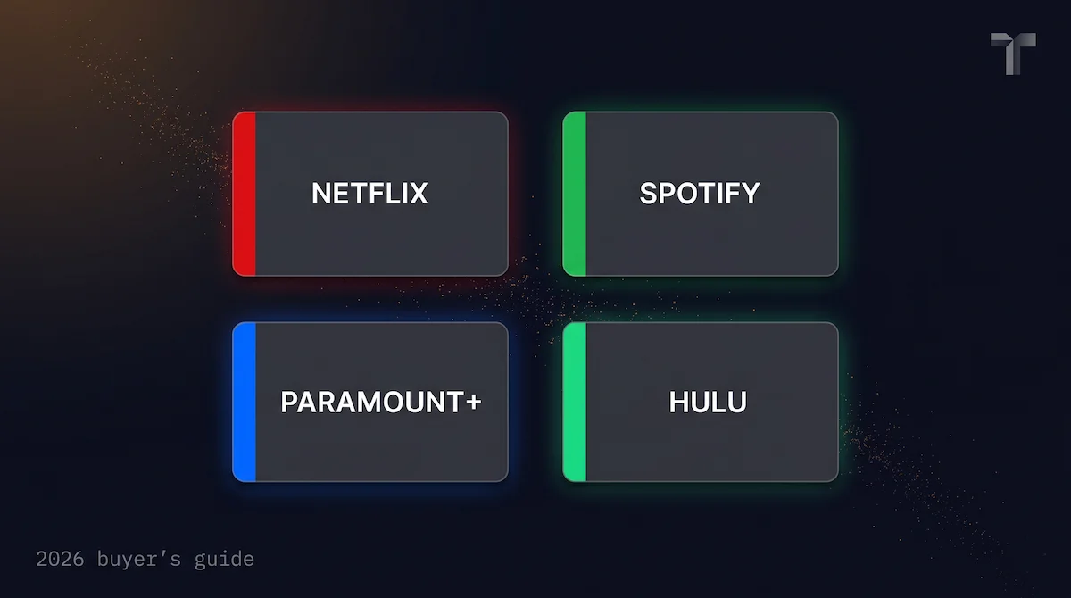 Streaming gift cards you can buy with crypto in 2026: Netflix, Spotify, Paramount+, and Hulu arranged as a buyer's guide